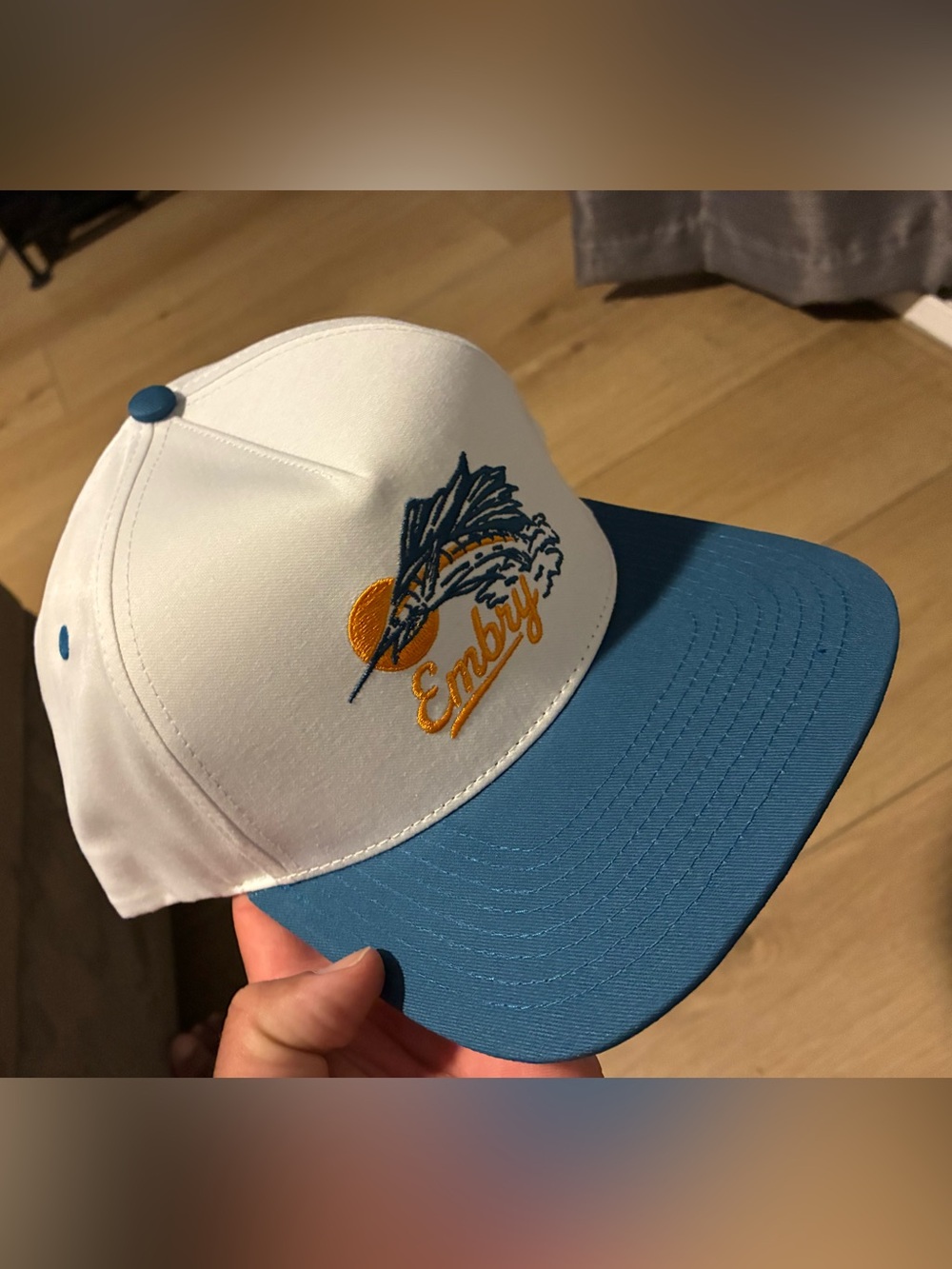 New Embry Wave Embroidered Two-Tone Cap in White and Blue